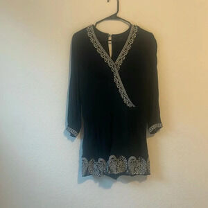 Loft XS long sleeve black romper with white embroidery